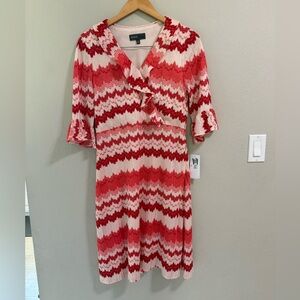 Donna Ricco Chevron Knit Dress Red Coral Ivory Size 8 NWT